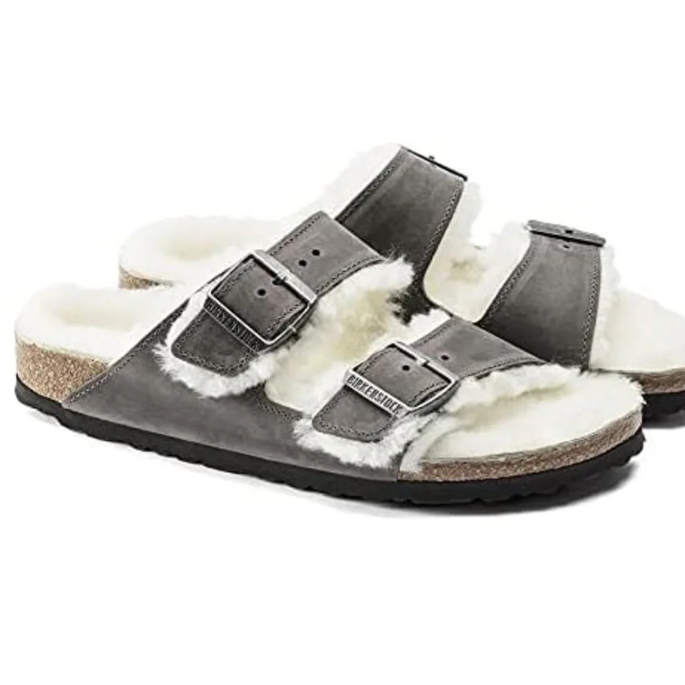 NWB! Birkenstock Men's Arizona Shearling Sandals, Iron/Natural, Grey, Tan, 8 US